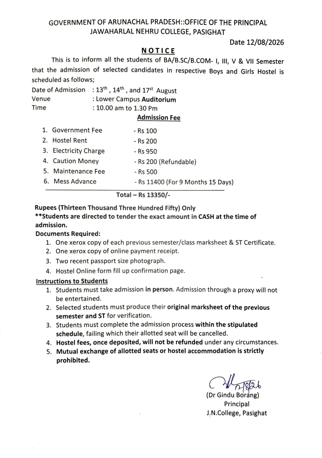 Hostel Admission Merit list